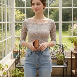 Boston Proper Scalloped Lace Top square Neckline XS